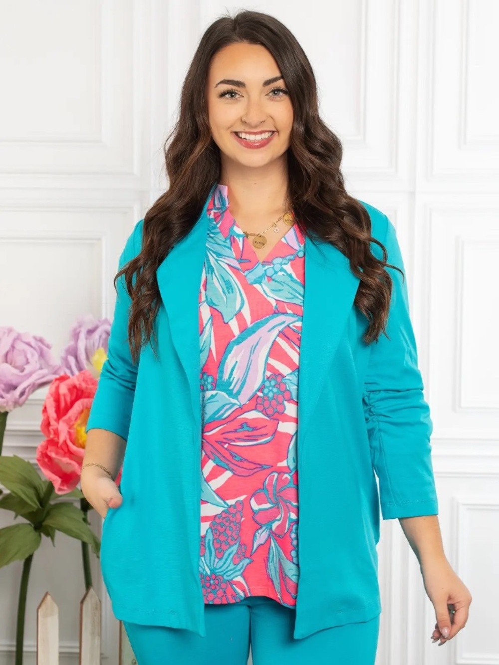 New Dear Scarlett Magic Blazer Ruched 3/4 Sleeves Open Front Collar Plus size - Picture 3 of 5